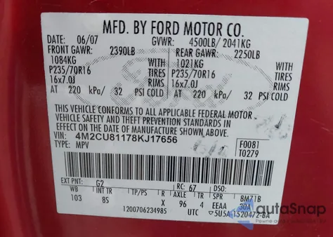 2008 Mercury Mariner V6 z USA, uszkodzony, nr VIN 4M2CU81178KJ17656